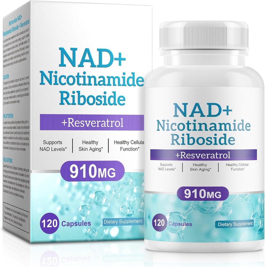 Suplimentul NAD pentru bărbaţi şi femei - Nicotinamidă lipozomală Ribozidă, Querbetin, NAD+ Supliment cu Resveratrol 910mg - Suporturi musculare, creier, energie, 120 capsule