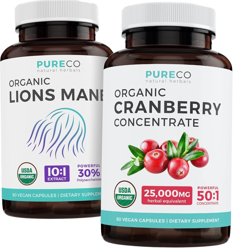Salvați $4 (12% off) - Mind & Body Bundle - Cranberry organic concentrat (50:1 concentrat - egal 25,000 mg de mure proaspete) și organic Lions Mane (10:1 extract - egal 10.000 mg de ciuperci)