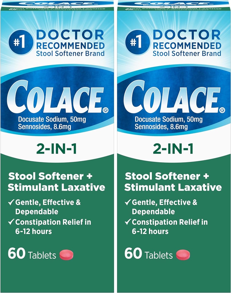 Colace 2-in-1 Stool Softener Plus Stimulant Laxativ pentru Relief de constipație cu eficacitate blândă, Docusat de sodiu Plus Sennozide, 60 Count (Pachet de 2)