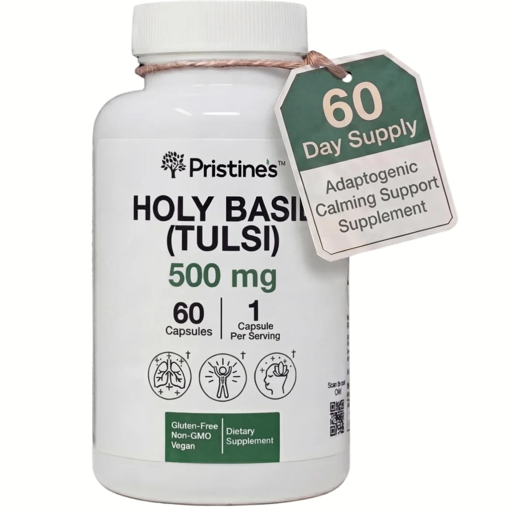 Capsulele de Basil Sfânte ale PRISTINE - 500 mg Gluten Imunitate Gratuită și suport de relaxare Supliment Adaptogen - 60 de zile de aprovizionare - Tulsi Sfinte capsule extract de frunze de basil - Vegan - non-GMO