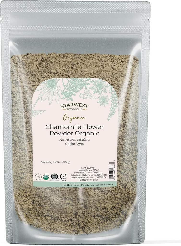 Starwest Botanicals Organic Chamomile Flower Powder - Freza de frunze uscate Herb pentru ceai, Loose Loose Lotions, & Baking, Sursat din Egipt, Certified Kosher, Non-GMO - 4 oz Pouch