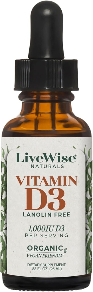LiveWise Naturals Vitamina organică D3 Picături lichide, Vegan, Non-GMO, Plant-Based, 200 UI pe picătură, Sprijină Imune, Bone, și Mood Health, Easy-to-Absorb, în MCT ulei 1000 UI