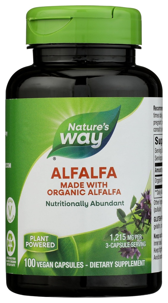 Natura's Way Alfalfa, Made With Organic Alfalfa, 1,215 mg per 3-capsule servire, Alfalfa Herbal Capsule, Gluten Free, Vegan, 100 Capsule (Packagging May Vary)