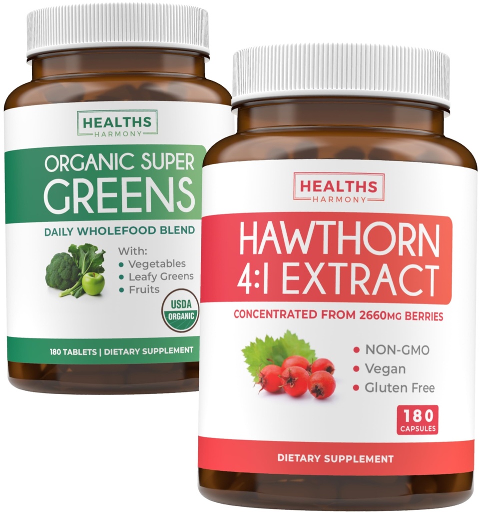 Super Greens & Hawthorn Extract (3-Lonth Supply) Super Berry Blend Bundle of Organic Super Greends Powder - Complete Superfood & Hawthorn Berry 4:1 Extract - Extract de înaltă rezistență (180 capsule)