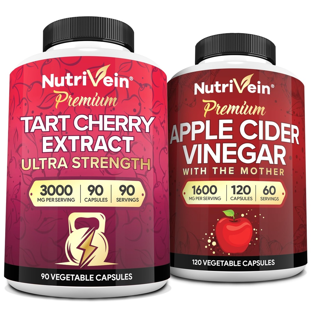 Nutrivein Premium Tart Cherry 500mg & Apple Cidru Vinegar 1600mg Bundle - Recuperare musculara si Uric Acid Cleanse Plus Digestion Support & Greutate Management - Non-GMO, Vegan / Vegetarian - 90 + 120 pastile
