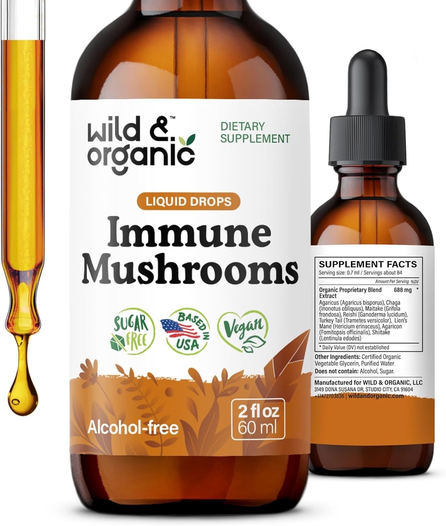 Ciuperci sălbatice și organice imune Tinctură - 8-in-1 Complex de ciuperci cu Chaga, Turcia Coajă, Coajă Leului, Extract Reishi - Drops de sprijin imun - Vegan, Sugar & alcool-Liquid Supplement - 2 fl oz