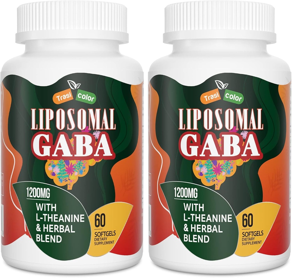 GABA lipozomal cu L-Theanin Suplimente 1200mg - Complex GABA de înaltă absorbţie cu Ashwagandha, Mușețel, Tartă Cherry Suplimente Herbal pentru bărbați și femei, 120 Softgels