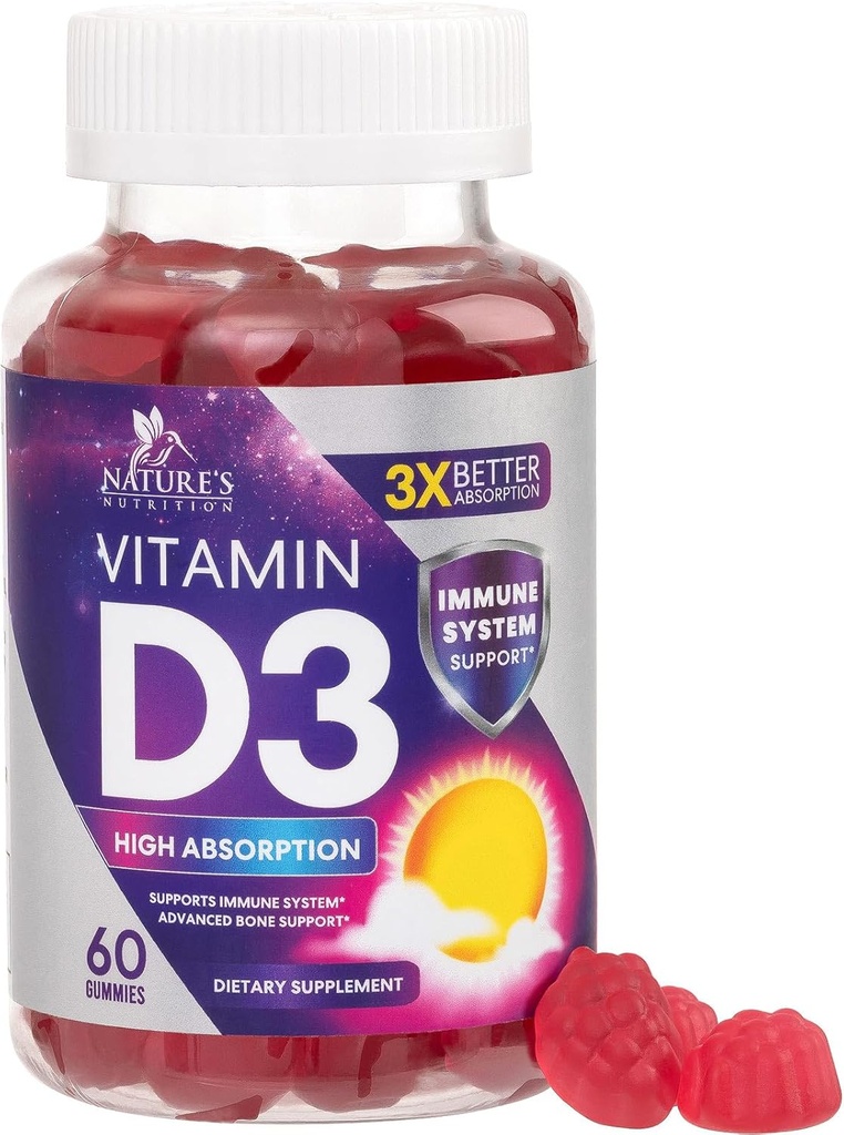 Vitamina D3 Gummy 5000 UI (125 mcg) - Vitamine dietetice D Suplimentul pentru femei şi bărbaţi - Bone, Dinţi, Musculare şi Immune Health Support, Potenţă mare VIT D3 Natura Non-GMO & Gluten Free - 60 Gume