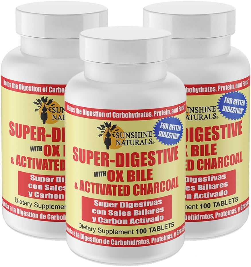 Sunshine Naturals Super Digestive Supliment. Ox Bile & Charcoal activat pentru suport digestiv, ajutor la înălbire, gută curată, absorbție nutrient, și Wellness generală. 100 comprimate. Cutie cu 3 flacoane