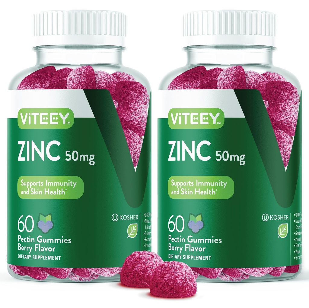 Gume de zinc VITEEY pentru bărbați și femei - Suplimente de zinc 50mg - Immune Boost & Skin Health - Vegan, Gluten gratuit - 120 Conte