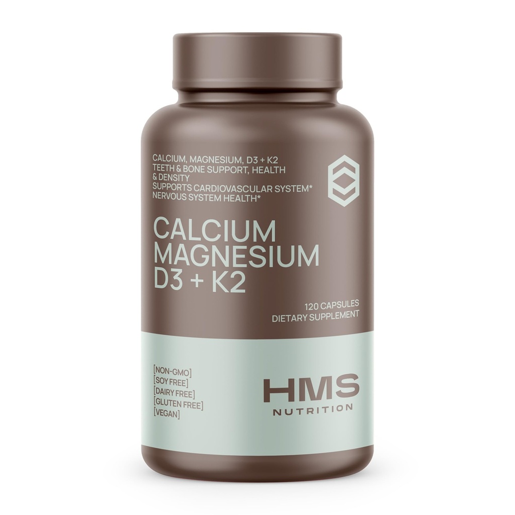 Calciu, Magneziu, Vitamine D3 + K2 pentru sanatatea oaselor, Suport imunitar, Oase si Supliment de calciu pentru femei si barbati, Non-GMO, Gluten-Free, 120 capsule