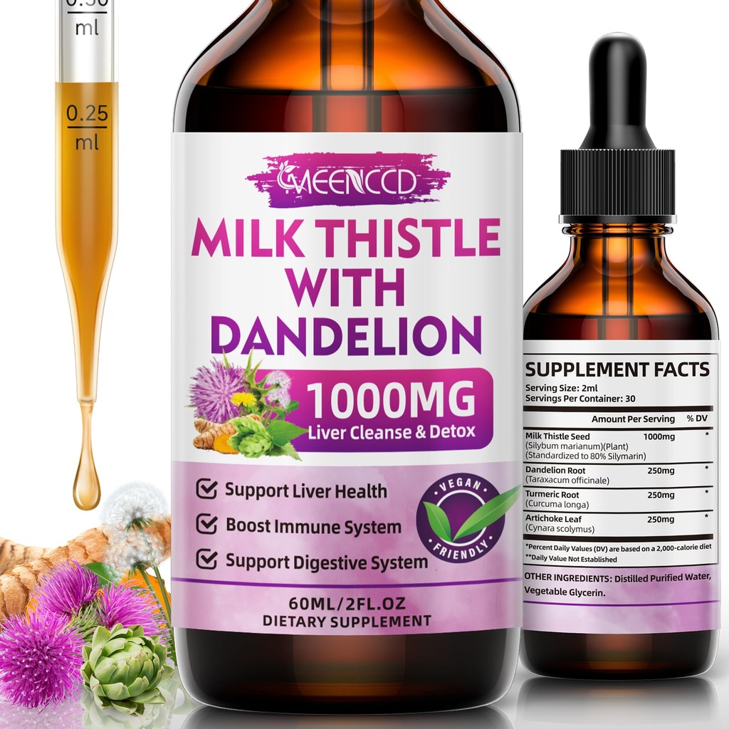 MEENCCD Picături lichide de muls - Milk Thistle Supliment cu silymarin, suport antioxidant, Vegan, non-GMO, 2 Fl Oz