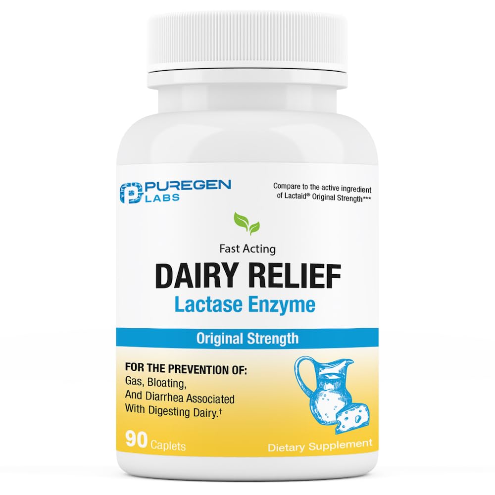 Puregen Labs Dairy Relief Natural Fast Acting Lactase Enzim 3000 FCC, Lactoză Intoleranță Pastile 90 Caplete