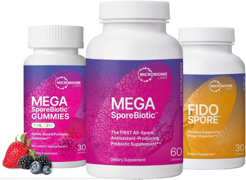 Microbiome Labs Întreaga familie Probiotic Bundle - MegaSporeBiotic pentru adulți, Gume Probiotice pentru copii, și Probiotice FidoSpore pentru câini și pisici