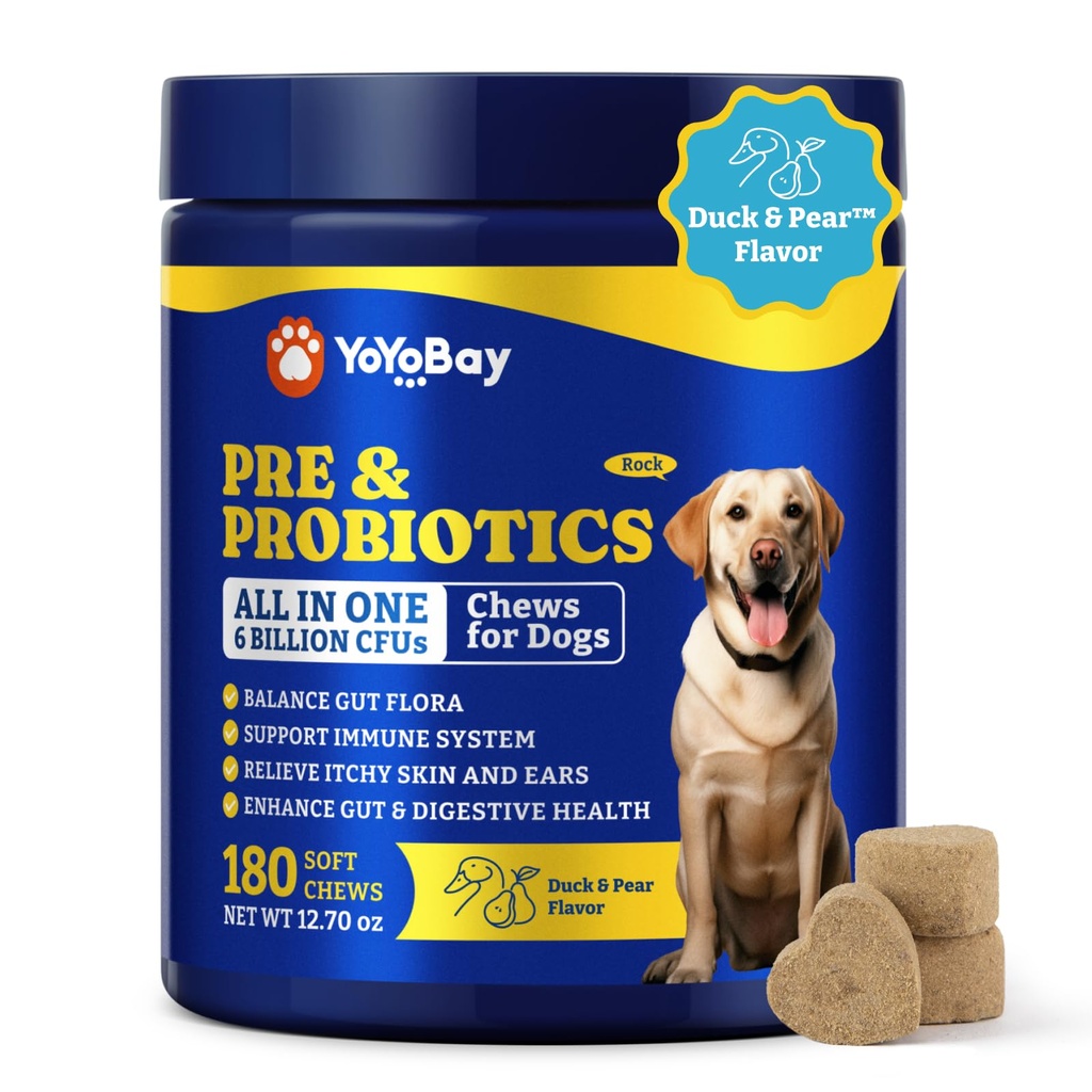 Probiotice pentru câini - Probiotice câine pentru sanatate digestiva, Drojdie, Itchy Skin, Sanatate Gut, Immun & Skin - 6 miliarde CFU, 180 Soft Chews, Duck & Pear Flavor - cu prebiotice si enzime digestive