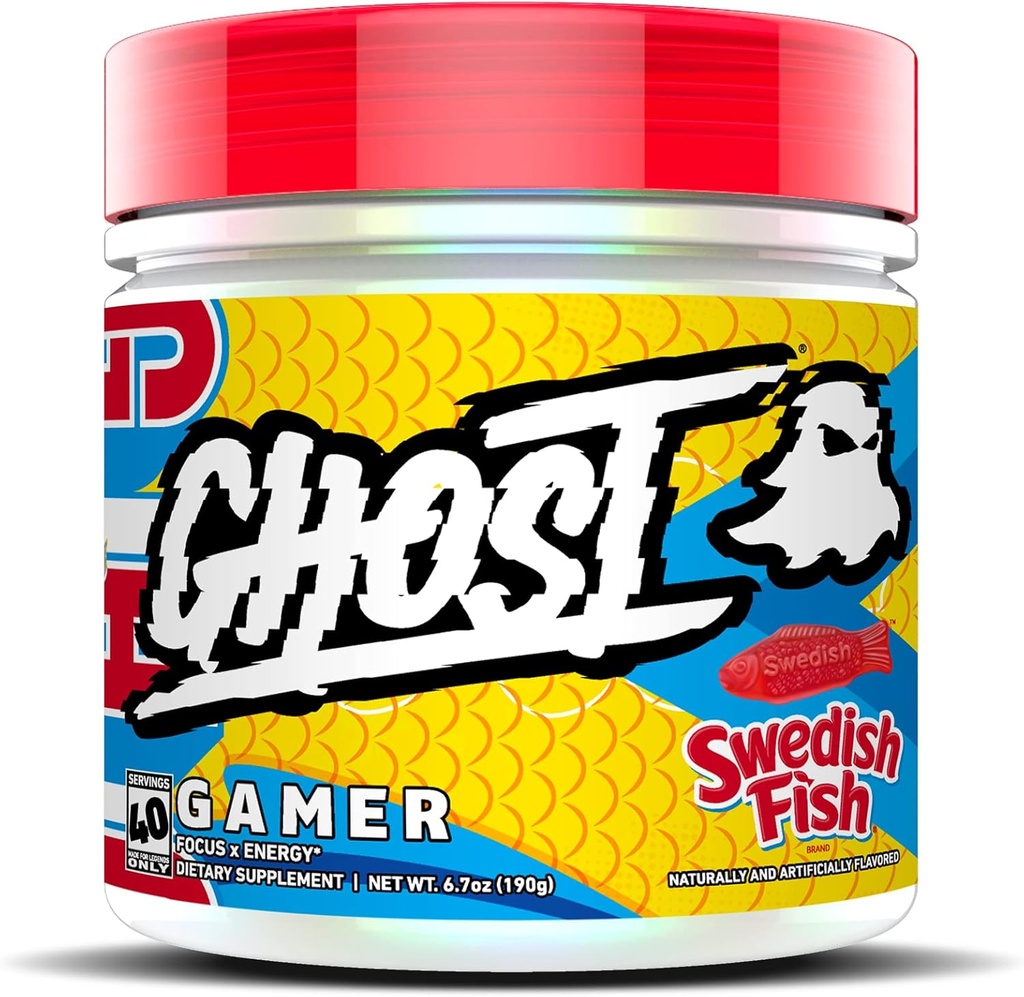 GHOST Gamer: Formula de sprijin pentru energie și focalizare - 40 Servings, Swedish Fish - Nootrops & Natural Cafeine pentru atenție, timp de precizie și reacție - Vegan, Gluten-Free