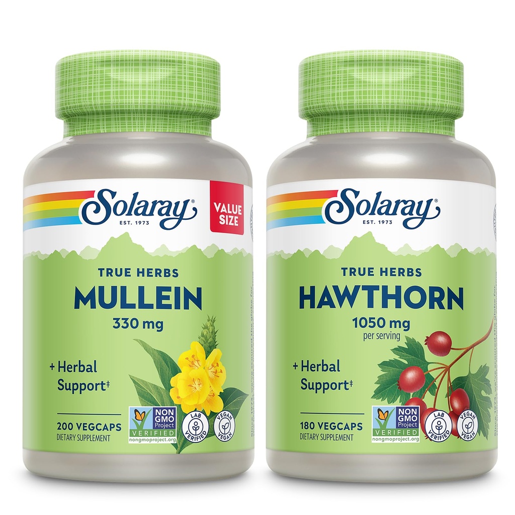 SOLARAY Mullein Leaf 330 mg și Hawthorn Berry Capsules 1050 mg - Soothing Herbal Support Bundle pentru sănătate generală și wellness - Vegan, Non-GMO, 60-Day Guarantee, Lab Verified, 200/180 VegCaps
