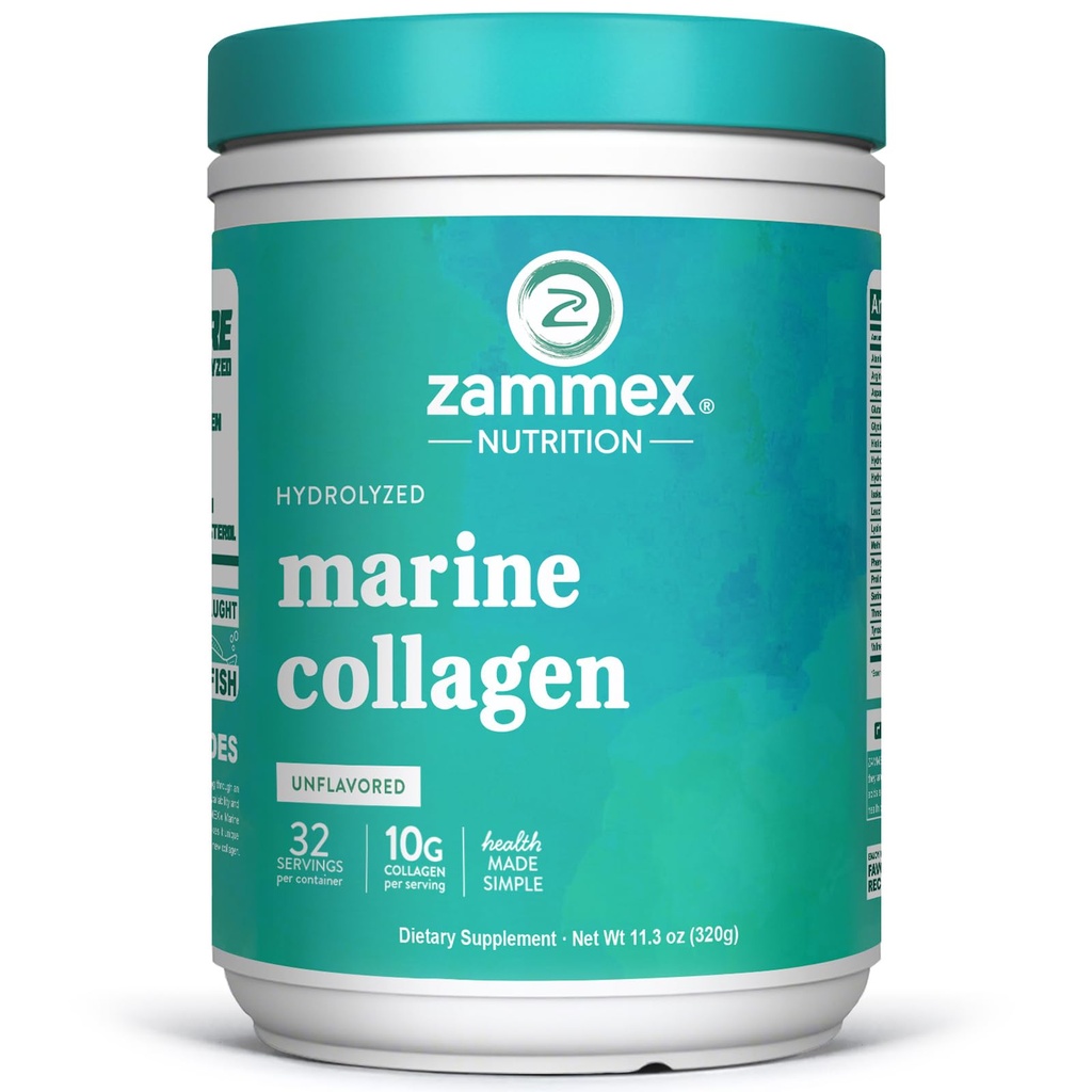 Zammex Marine Colagen Peptides pulbere nearomată, Wild-Caught Fish Colagen pulbere, Suporturi Sanatos Piele, Păr, Articulații, Tip 1 & 3 Colagen Supliment pentru femei - Ușor de amestecat. (32 Serviri)