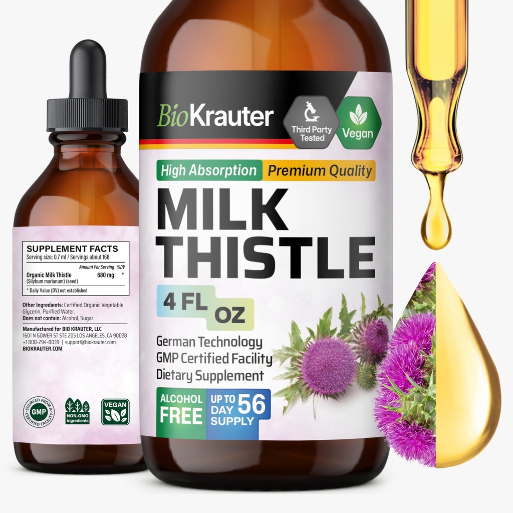 BIO KRAUTER® Milk Thistle Supliment pentru Liver Cleanse & Detox - Liquid Milk Thistle Extract Сontains Silymarin for Digestive Support 4 Fl.Oz - Alcool & Sugar Free, 56 Days of Supply