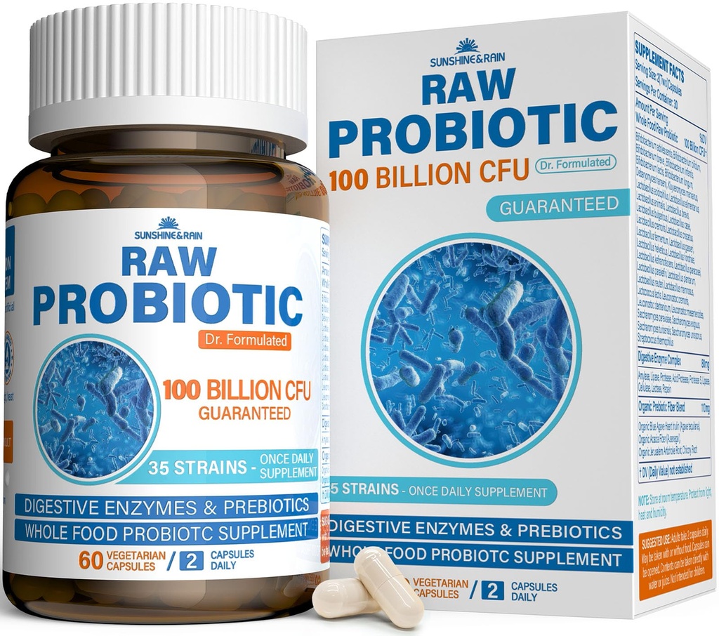 Probiotice brute pentru femei si barbati - 100 miliarde CFU, 35 tulpini, prebiotice organice si enzime digestive naturale pentru sanatate digestiva, guta si imuna - lactate, soia si gluten gratuit, non-GMO, 60 capsule Vegas