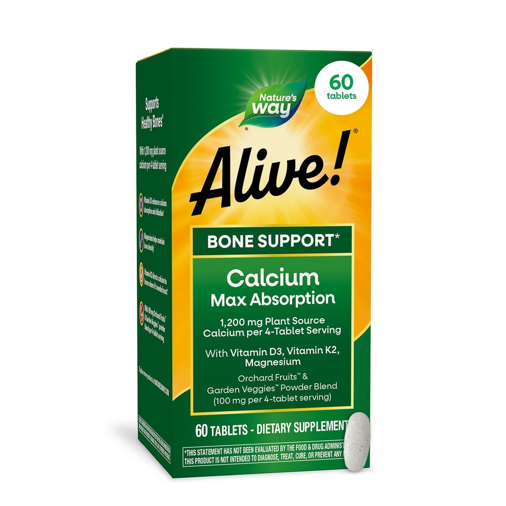 Calea naturii în viaţă! Absorbţie de calciu Max, Calciu din surse vegetale, Vitamina D3 & K2, Magneziu, Suport osos*, 60 comprimate (Packing May Vary)