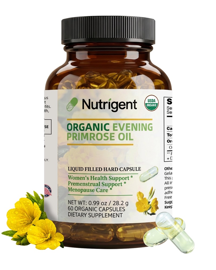 Organic Evening Primrose Suplimentul de ulei, 940 mg 100% Pure cu 10% GLA, capsule lichide de înaltă absorbţie, promovează sănătatea femeilor și a pielii, presat rece, 60 Conte