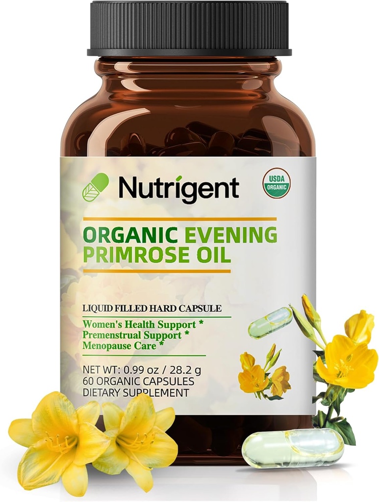 Organic Evening Primrose Suplimentul de ulei, 940 mg 100% Pure cu 10% GLA, capsule lichide de înaltă absorbţie, promovează sănătatea femeilor și a pielii, presat rece, 60 Conte