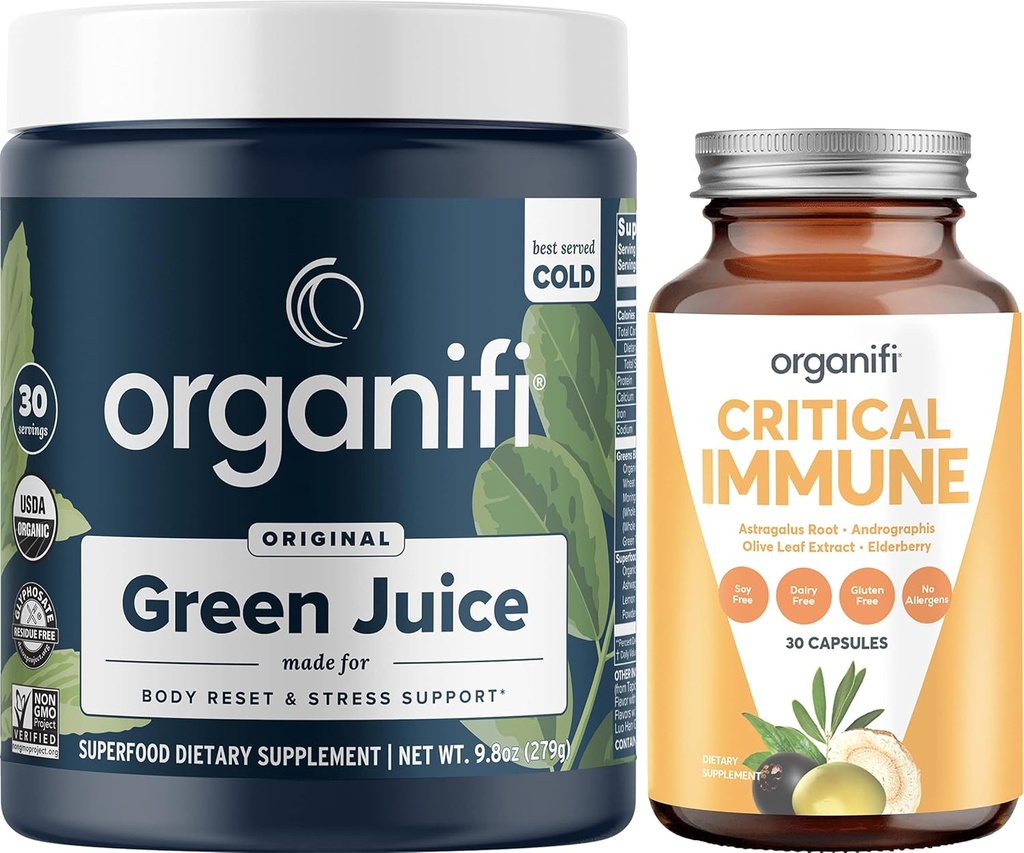 Organifi Green Juice Superfood Powder (30 Servings) şi Critical Immune (30 Capsule) - Vitamina C, Controlul Greutate, Detox Curățenie, Stres Relief și Suport Imunitate - Gluten Free, Vegan, Întreaga Alimente