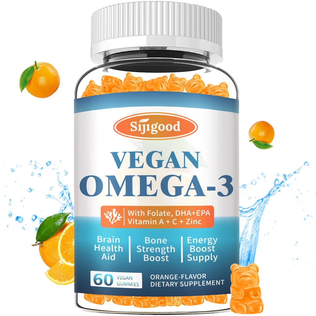 Omega-3 Gummes Pottent Algae Omega Source, Boost Brain, Eye & Immune Function, with DHA and EPA Vegan & Sugar Free, Orange Flavor, 60 Count