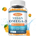 Omega-3 Gummes Pottent Algae Omega Source, Boost Brain, Eye & Immune Function, with DHA and EPA Vegan & Sugar Free, Orange Flavor, 60 Count