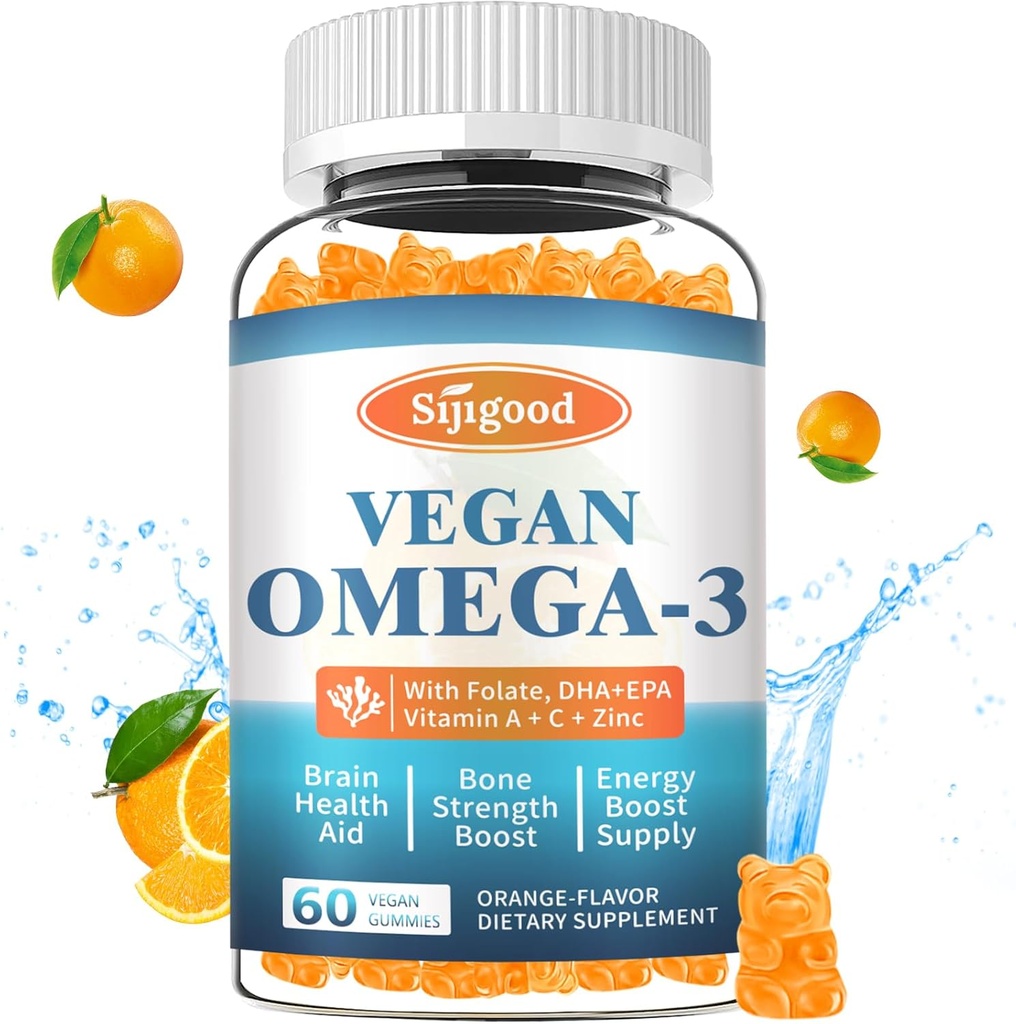 Omega-3 Gummes Pottent Algae Omega Source, Boost Brain, Eye & Immune Function, with DHA and EPA Vegan & Sugar Free, Orange Flavor, 60 Count
