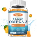 Omega-3 Gummes Pottent Algae Omega Source, Boost Brain, Eye & Immune Function, with DHA and EPA Vegan & Sugar Free, Orange Flavor, 60 Count