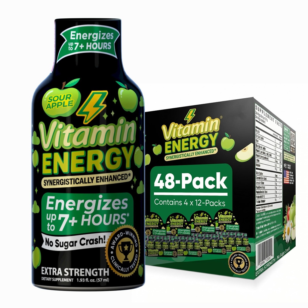 Vitamina energie Workout+ Extra Putere Energie Shot Sour Apple 48 Pack, 260mg Natural Cafeina, Pre-Workout, B-Vitamins, Minerale, Endurance & Performance, Zero Sugar, Gluten-Free, Vegan, 1.93 fl oz