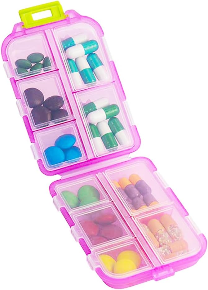 Travel Pill Organizator, Dovada de umiditate Daily Medicine Dispenser Box, caz mic săptămânal de vitamine pentru supliment, ulei de pește, Meds, Farmacie de buzunar Cute Capsule 10 Compartimente, roz