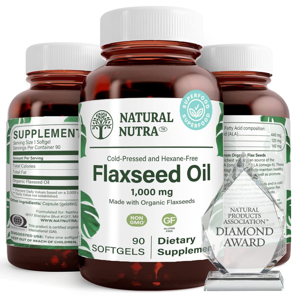Natural Nutra Organic Flaxseed ulei Softgels, promovează creșterea părului, ajutor în pierderea în greutate, ajută la stimularea sistemului imunitar, promovează sistemul nervos sănătos și creșterea părului, Omega 3 6 9, 1000 mg, 90 Softgels