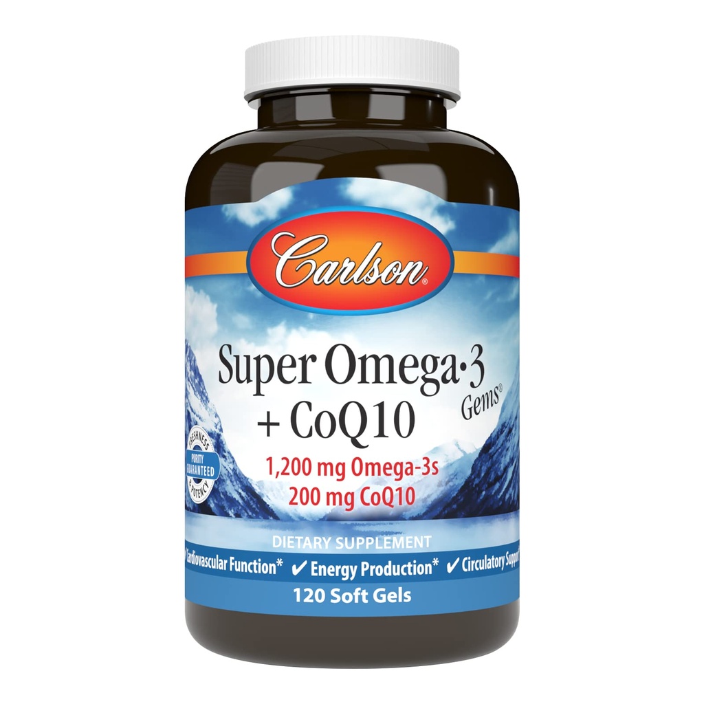 Carlson - Super Omega-3 Gems + CoQ10, 1200 mg Omega-3s 200 mg CoQ10, Funcţia de circulaţie, Producţia de energie şi suport circulator, 120 Softgels