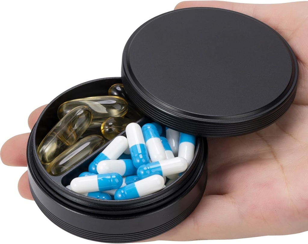 Cutie de pastile 2 Compartiment Pilula Case - Portable Metal Travel Pilula Container pentru buzunar sau Pursa, Organizator de pastile impermeabil pentru Medicina Vitamina ulei de pește și suplimente