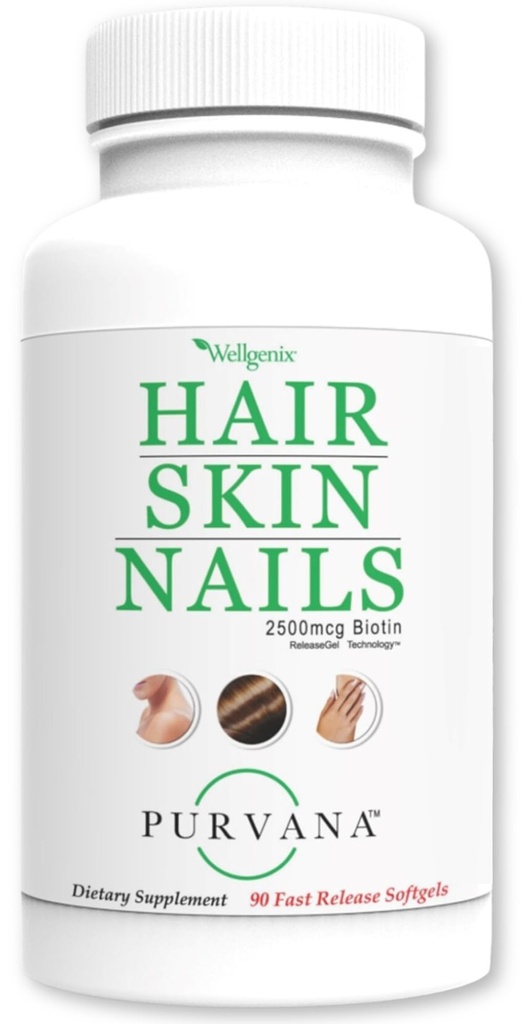 Wellgenix Purvana Păr, piele, și unghii - Una pe zi Softgel - 2500mcg Biotin, DMAE, MSM, coada calului, extract de semințe de struguri - Anti-Îmbătrânire, POSS și creșterea părului postpartum, unghii puternice (90 Count)
