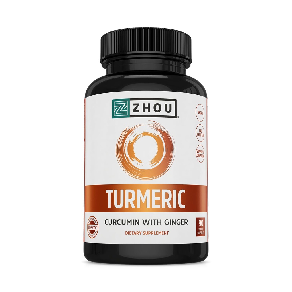 Zhou Turmeric Curcumin cu ghimbir - Turmeric și Ginger Supliment pentru femei și bărbați, Curcuminoide cu extract de ardei negru pentru Digestie și Digestive Health - 90 Capsule vegetale