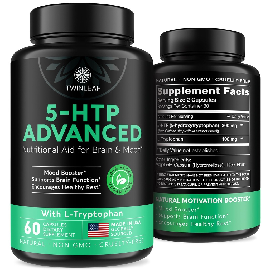 TWINLEAF 5 HTP Supliment pentru suport de stare de spirit - Made in USA - Natural 5-HTP & L-triptofan capsule - 5-HTP Booster pentru bărbați și femei - Formula proprie pentru stare de spirit și relaxare - 60 Vegan capsule