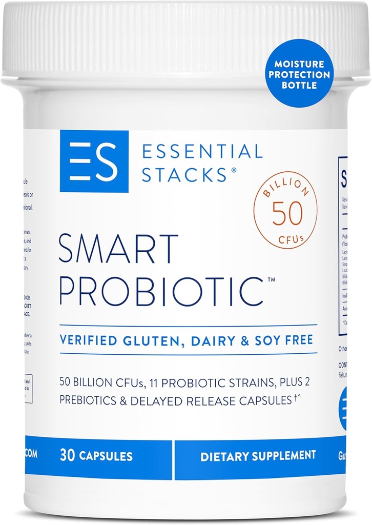 Stive esențiale Probiotic inteligent - 50 miliarde CFU, 11 tulpini probiotice, 2 prebiotice, capsule de eliberare întârziate - un prebiotic zilnic probiotic pentru femei și bărbați (30 capsule)