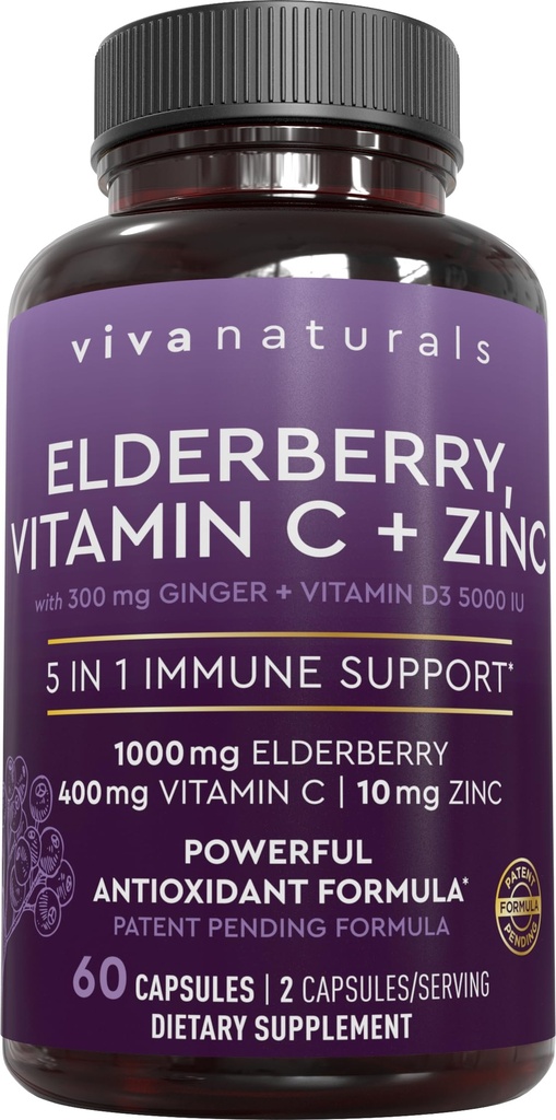 Viva Naturals Black Elderberry cu vitamina C și zinc pentru adulți (conte 60) - Sambucus Elderberry Supplement Immune Supplement, Capsule negre de Elderberry pentru adulți, Suplimente de Elderberry pentru femei
