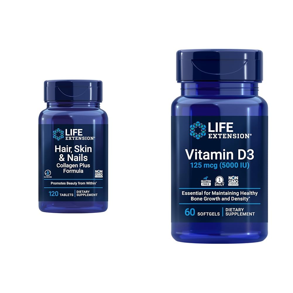 Extensie de viaţă Păr, Piele & Nails Colagen Plus Formula cu vitamina D3 5000 UI - Promovează Colagen, Keratina, Oase, Brain, Immune & Nail Health - 120 Conte & 60 Softgels
