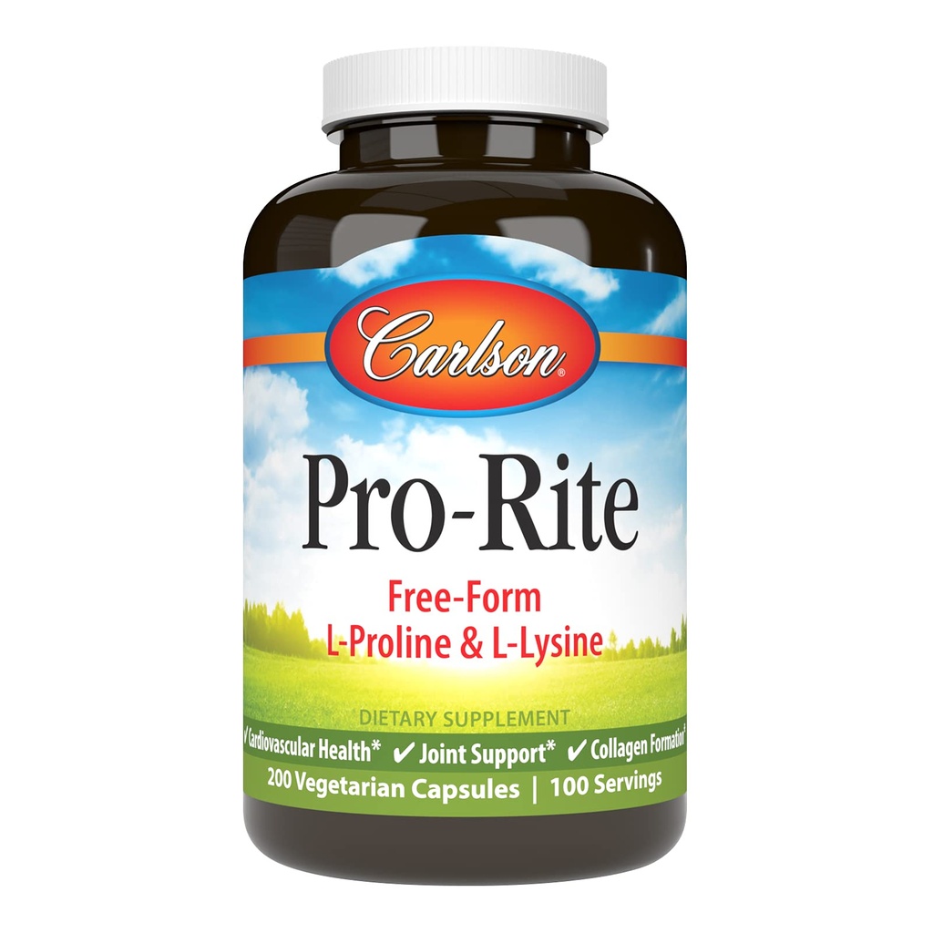 Carlson - Pro-Rite, Free-Form L-Proline & L-Lysine, Health, Joint Support & Colagen Formation, 200 Capsule