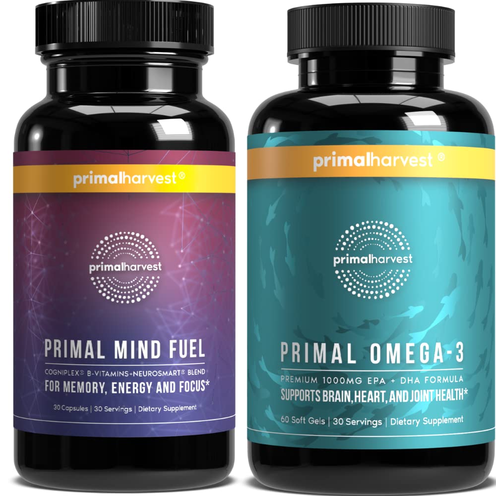 Primal Harvest Minte combustibil și Omega 3 Suplimente pentru femei și bărbați Capsule ulei de pește și creier de combustibil Minte Booster pastile Bundle
