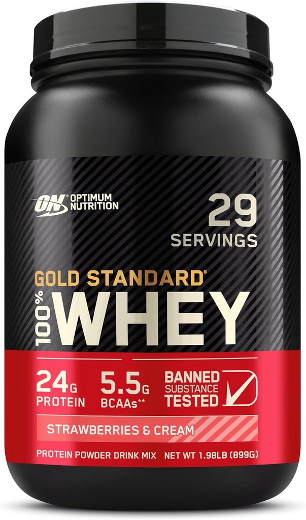 Optimum Nutrition Gold Standard 100% Whey Proteine pulbere, căpșuni și cremă, 2 Pound (Packing May Vary)