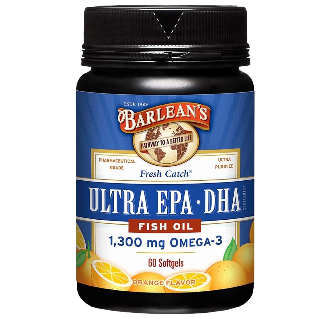 Omega Barlean 3 Suplimente de ulei de pește, Suplimente Softgels pentru bărbați și femei, 1300 mg Ultra EPA și DHA Acidi grași, Orange Aroma, 60 Conte