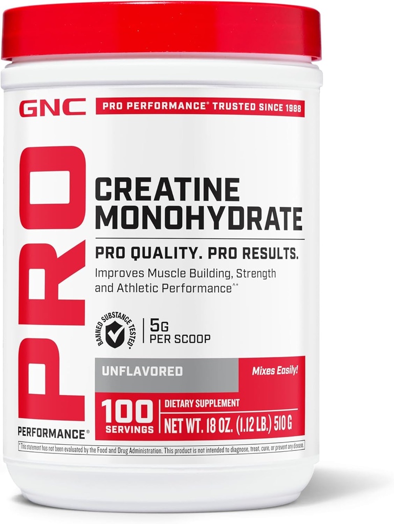 GNC Pro Performanță Creatină Monohidrat pulbere pentru femei și bărbați, 5g Creatină Per Serving, Clădire musculară, Producție de energie, Rezistență, Performanță, 100 Servings