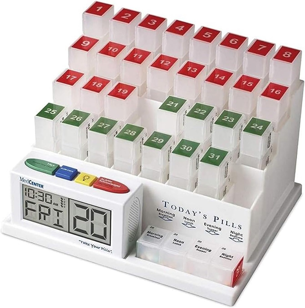 Medcenter Monthly Pill Organizator Sistem 4 ori pe zi, 31 zile Pill Organizator Cutie cu Talking Alarm Sistem de reamintire, lunar cutie de pastile pentru medicație zilnică, cadou pentru mama, tata, vârstnici