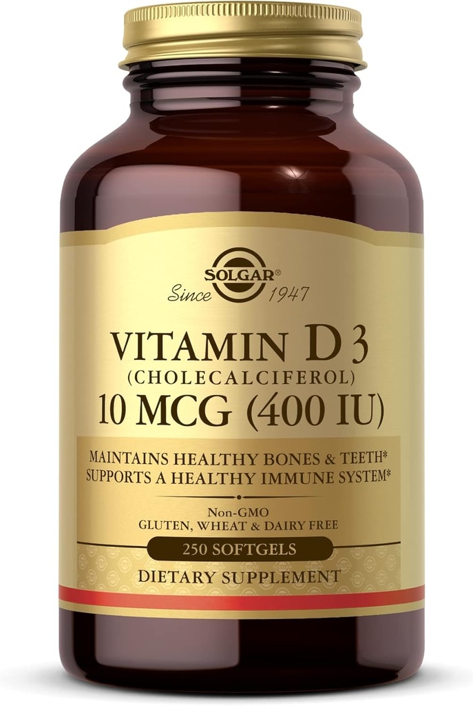 Solgar Vitamina D3 (Cholecalciferol) 10 MCG (400 UI), 250 Softgels - Ajuta la mentinerea sanatoasa a oaselor si a dintilor - Suport pentru sistemul imunitar - Non-GMO, Gluten Free, Dairy Free - 250 Servings